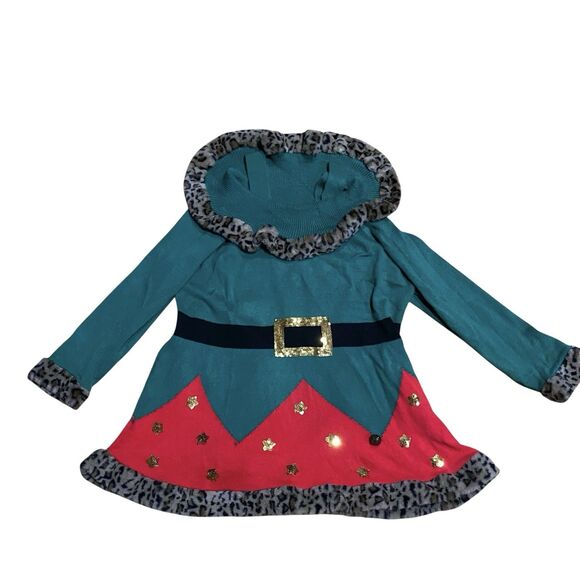 Holiday Time Christmas Sweater Dress Green Elf Leopard Fur Off Shoulder 3X 24W - Picture 5 of 16